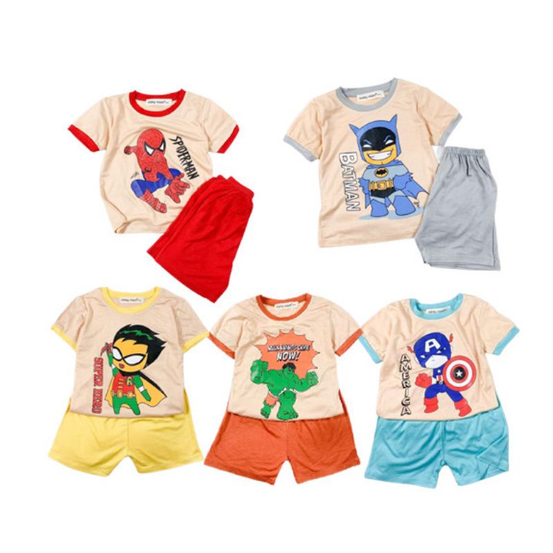 Quần áo bé trai siêu nhân tay ngắn chất liệu thun lạnh thoáng mát mùa hè size 80-120cm