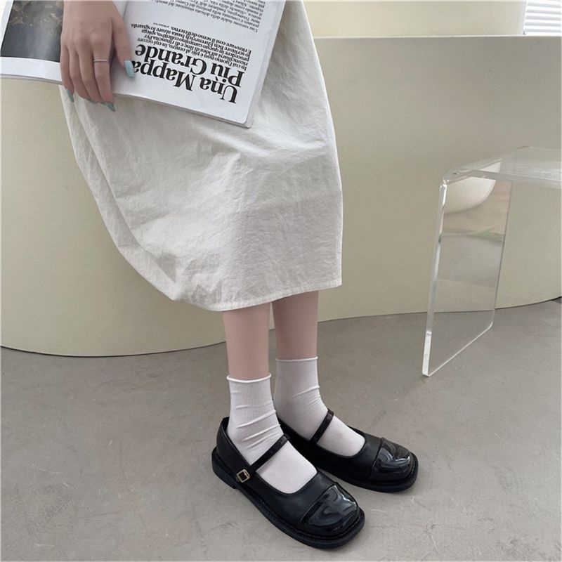 Giày bệt nữ da mềm hai màu, giày búp bê dây cài chất liệu mềm nhẹ thoải mái