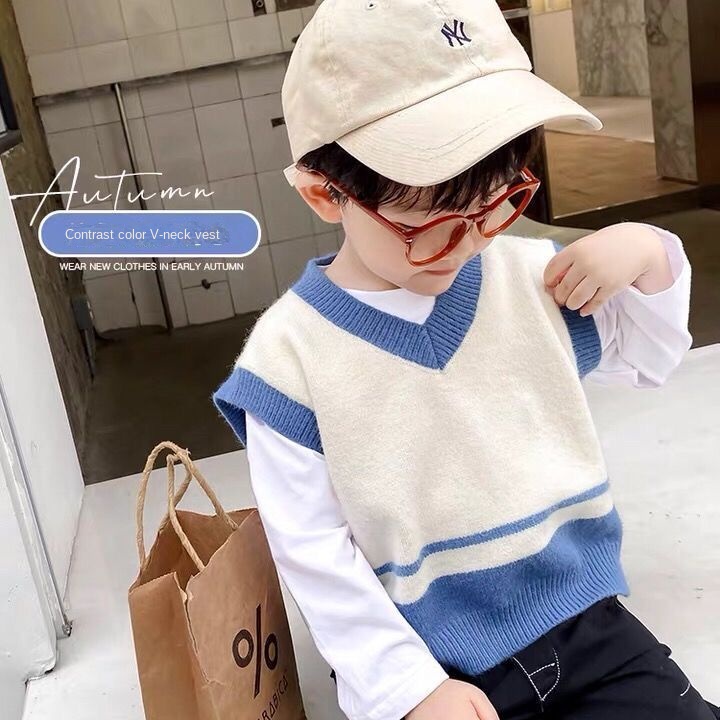 Áo Len Không Tay Cổ Chữ V Thời Trang Thu Đông Phong Cách Preppy Mới Cho Trẻ Em
