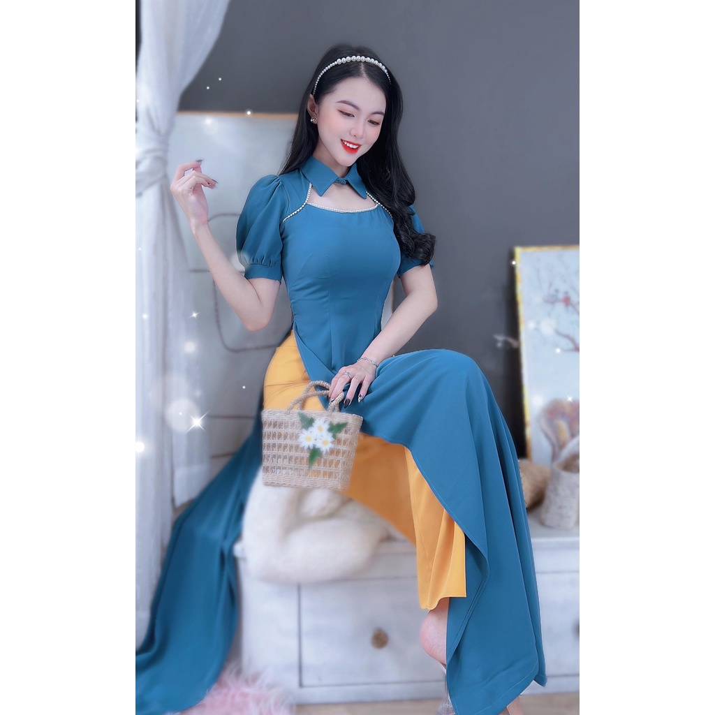 Áo dài cách tân nữ kiểu tay phồng viền ngọc CHUU AD8067 - không kèm quần