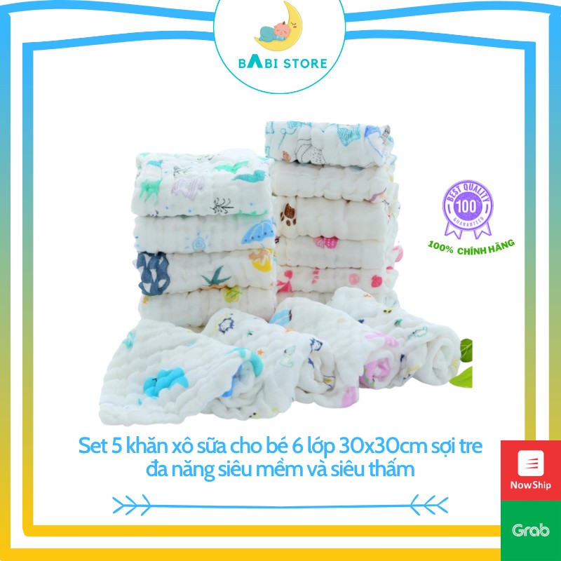 Set 5 khăn xô sữa cho bé 6 lớp 30x30cm 100% cotton đa năng nhiều hoạ tiết