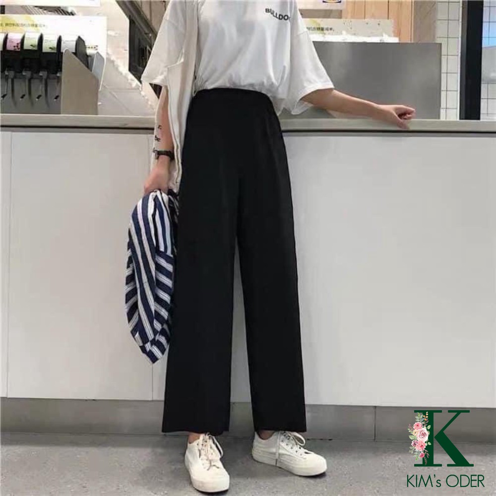 Quần ống suông cạp chun lưng cao ống rộng cho nữ màu đen phong cách Ulzzang đủ size hách dáng có bigsize