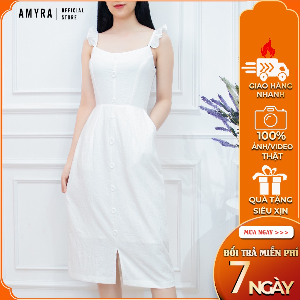 Đầm nữ Trắng Suông Dang A vải Linen cao cấp 2 lớp - Váy 2 Dây kết nút Thiết Kế Dự Tiệc -AMYRA DA060