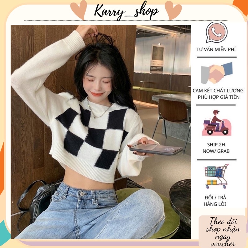 Áo len croptop dệt kim tay dài cổ tròn kẻ sọc caro sang trọng phong cách Hàn Quốc thời trang cho nữ