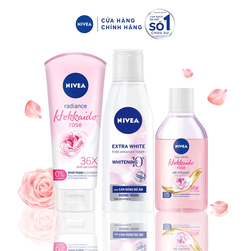 Bộ làm sạch da sau trang điểm NIVEA: Nước tẩy trang Rose Oil-infused 400ML, Sữa rửa mặt 100G &amp; Nước hoa hồng 200ml