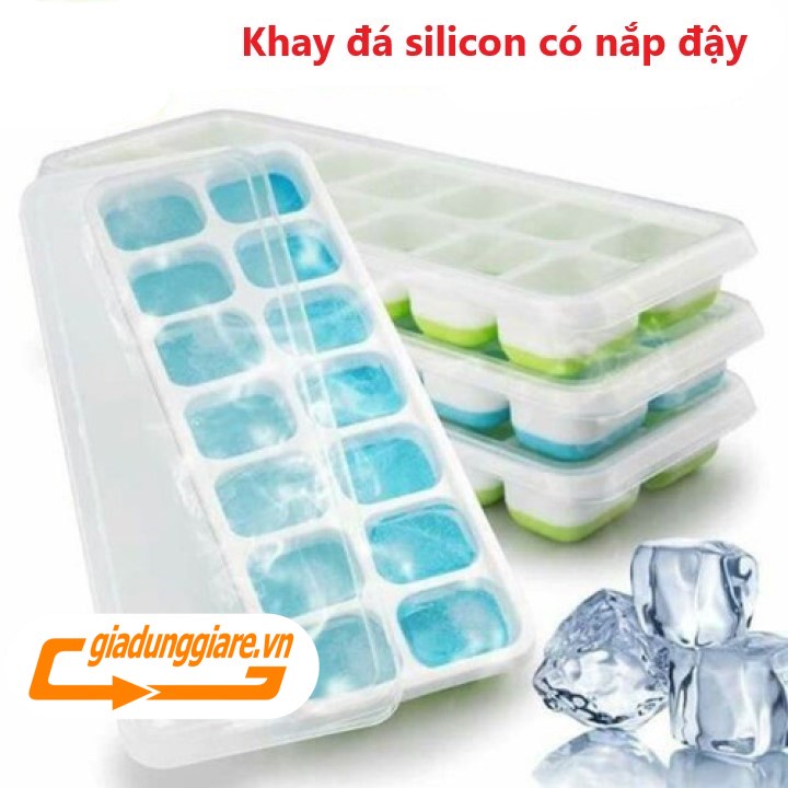 Set 04 Khay đá silicon (14 ngăn , 4 mầu) có nắp đậy không dính mùi thực phẩm, làm rau câu, làm kem, khay trữ đông ăn dặm