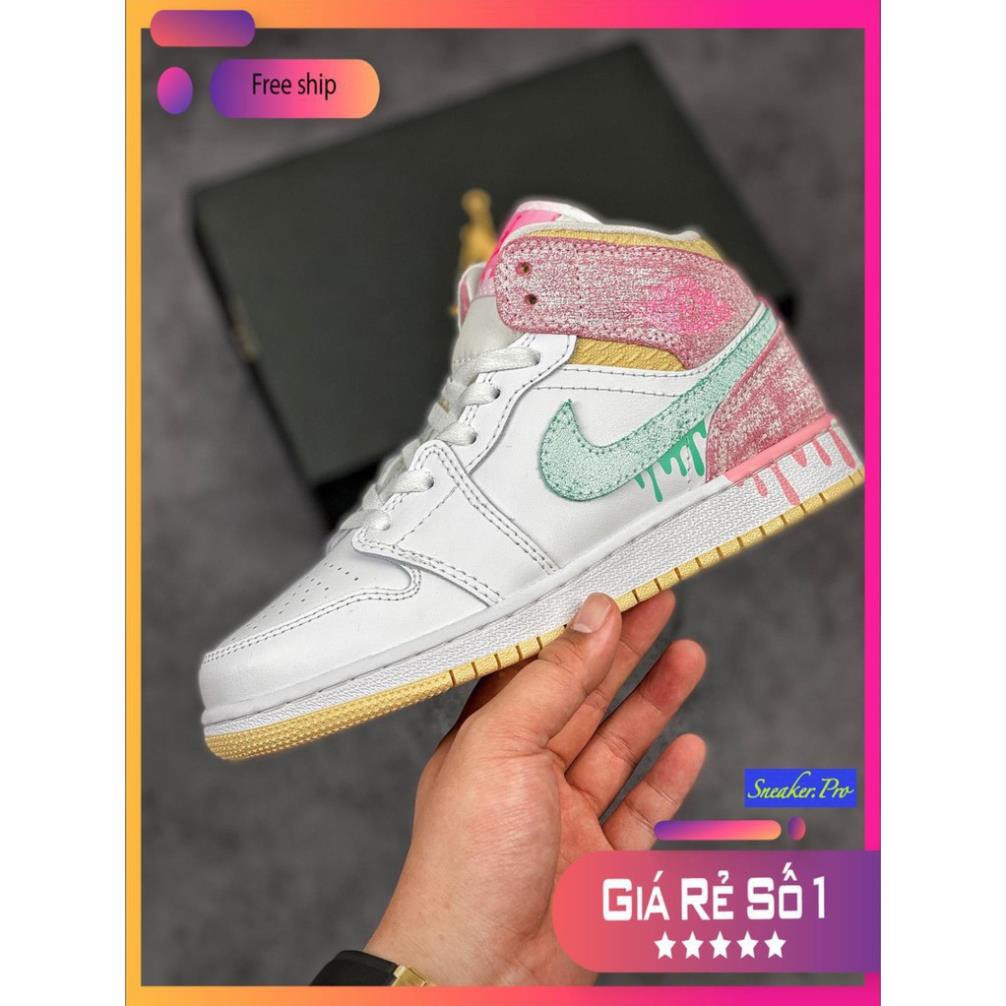 Giày thể thao Air Jordan 1 Mid Paint Drip (GS) vẩy sơn hồng cổ cao siêu xinh, bao ngầu dành cho nữ (FULL BOX + SALE)