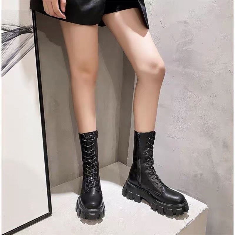 Bốt nữ siêu cao cổ buộc dây kết hợp khoá kéo Cao Cấp 1900 - boots cổ cao thời trang Hàn Quốc [KÈM VIDEO]