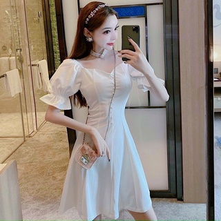 Đầm váy cổ vuông nút bọc 2 màu (kèm hình thật)