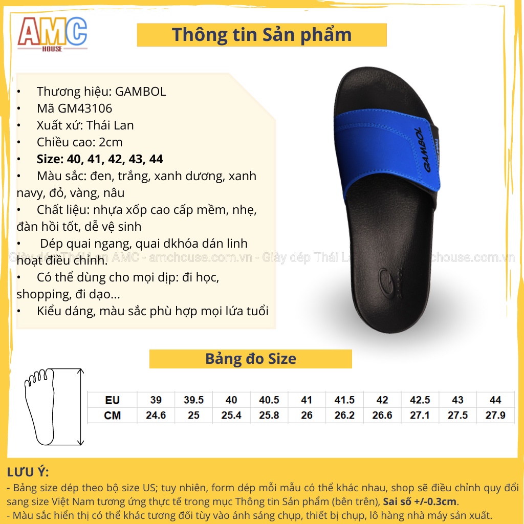 Dép Thái Lan nam quai ngang khóa xé dán siêu nhẹ siêu êm GAMBOL - GM43106 size 40, 41, 42, 43, 44