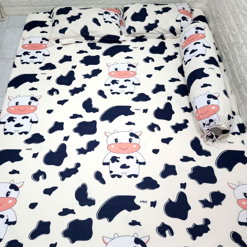 BỘ DRAP THUN HÀN QUỐC BÒ SỮA CUTE [ 4 MÓN : 1 GA TRẢI GIƯỜNG, 2 VỎ GỐI NẰM, 1 VỎ GỐI ÔM ].