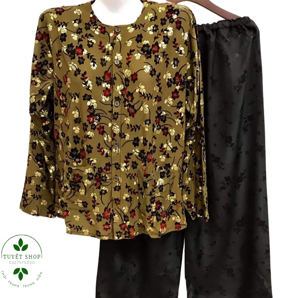 Bộ Đồ Bà Già Áo Bà Ba Ép Nhung Quần SaTanh