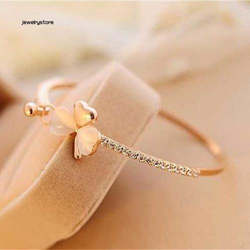 Vòng tay mạ vàng đính đá Opal giả hình cỏ ba lá cho nữ