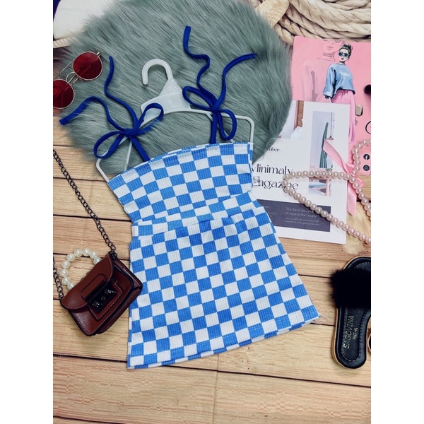 set áo hai dây + chân váy caro xanh duong cho bé(7-22kg)