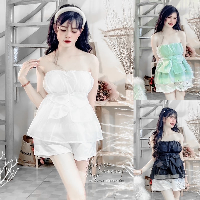 Set áo cúp ngực cột nơ phối quần short tafta