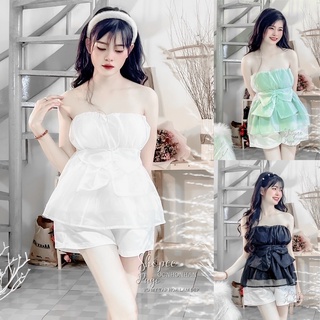 Set áo cúp ngực cột nơ phối quần short tafta