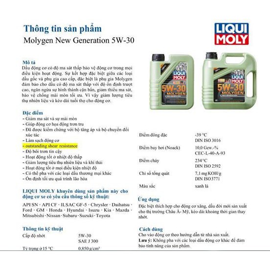 Nhớt Xe Tay Ga/ Ô tô Liqui Moly Molygen New Generation 5W-30/ 5W-40 (Có chiết lẻ 800 ml)