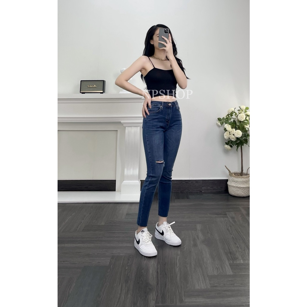 Quần jean nữ bó lưng cao NPSHOP, Quần bò nữ 9 tấc ôm cạp cao co giãn kiểu rách NPQ029