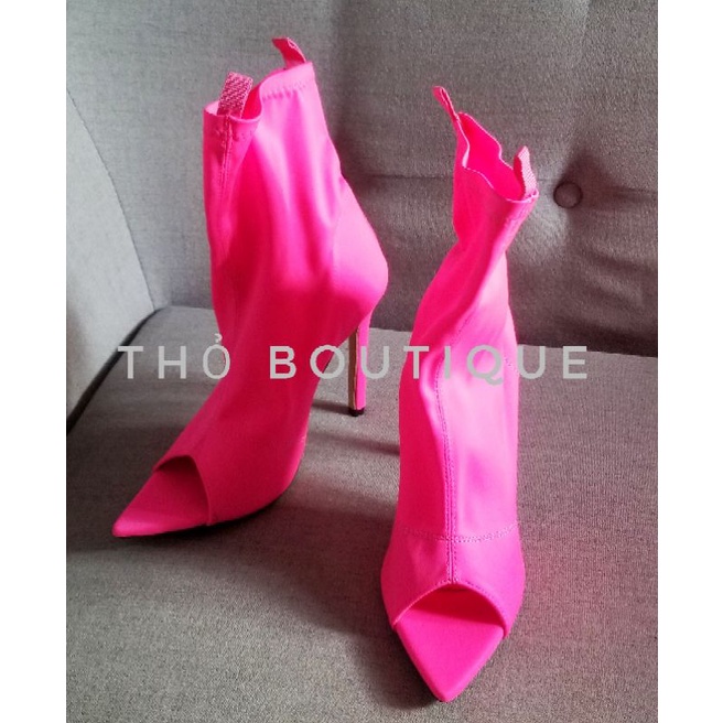 Giày bốt cao gót CRISTIAN SIRIANO vải thun co dãn mũi nhọn hở hồng sen mi nơ 11cm size 36-37