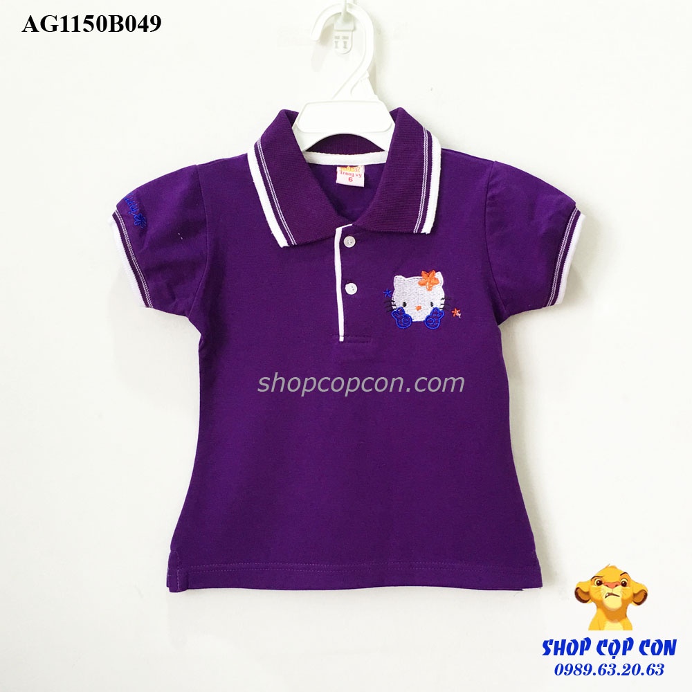 Áo thun cá sấu viền cổ thêu kiity cho bé gái từ 8kg đến 24kg