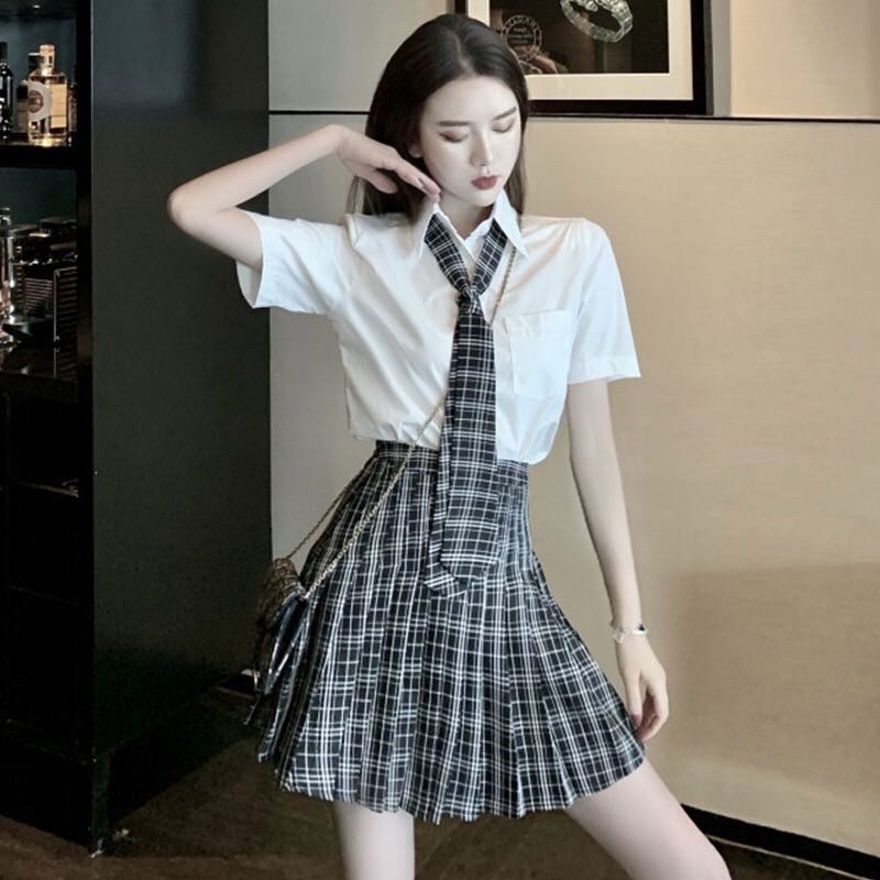 set sơ mi chân váy xếp ly
