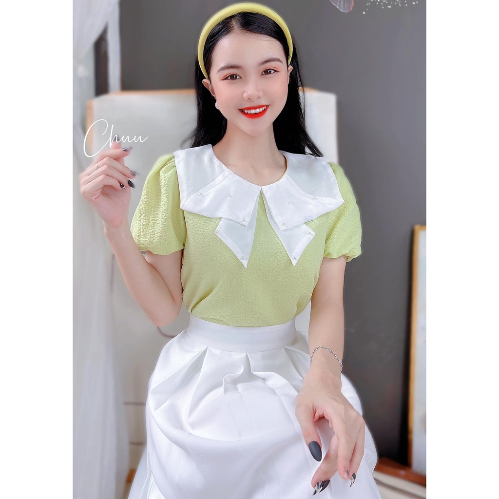 Áo kiểu công sở nữ cổ nơ đính ngọc CHUU A8145
