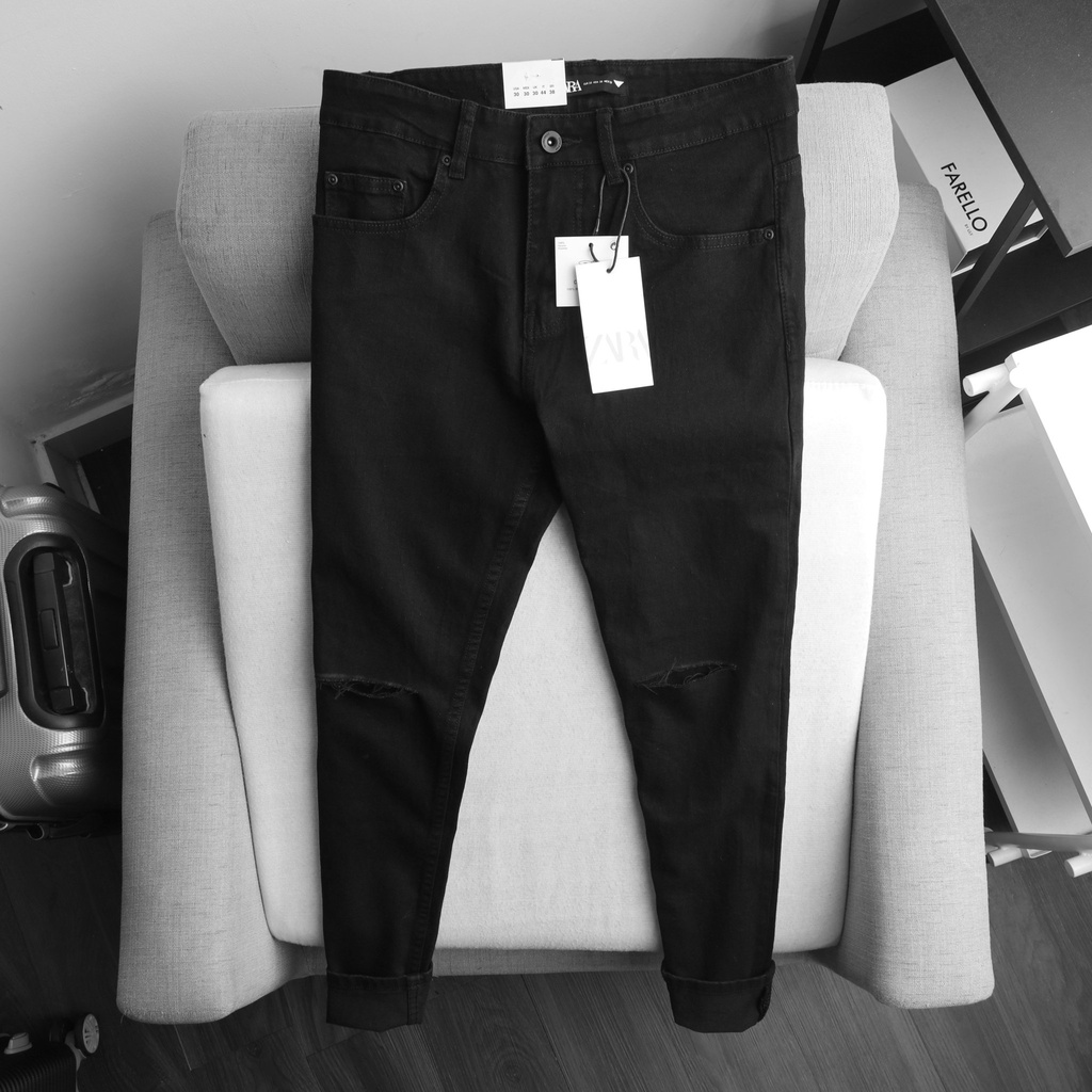 Quần Jean Nam Đen , rách gối, chất vải cao cấp Co dãn 4 chiều