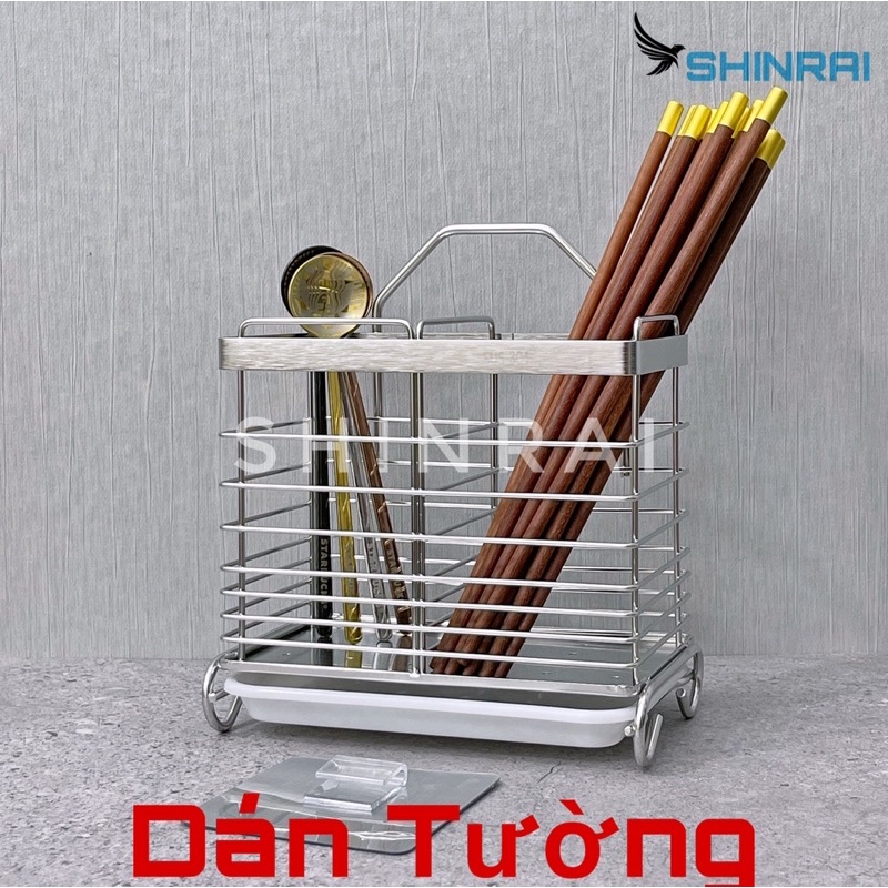 ( Dán Tường ) Giỏ Ống Đựng Đũa , Giá Để Thìa , Muôi , Muỗng Có Móc Treo Đồ INOX SUS304 Xước SHINRAI 2 Ngăn OD2