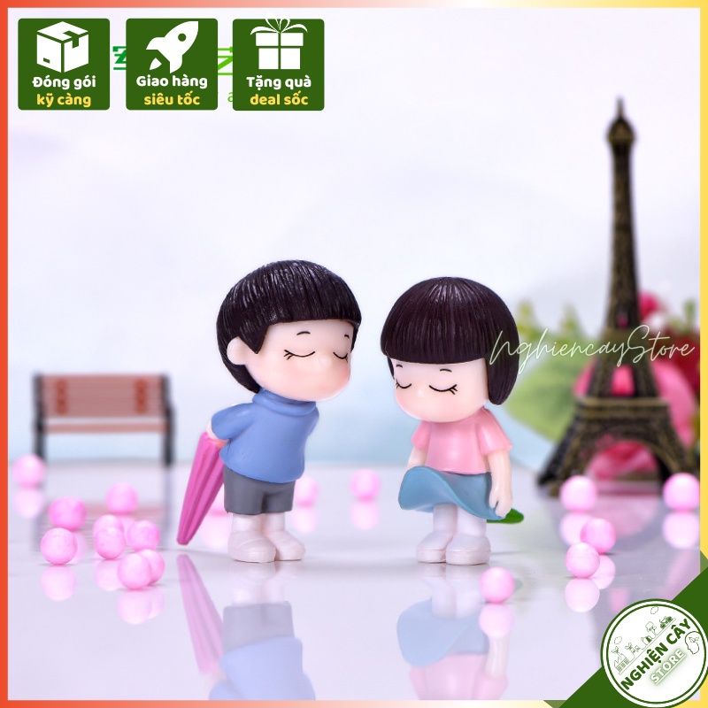 Phụ kiện Cặp đôi cầm ô trang trí tiểu cảnh, cây cảnh, sen đá