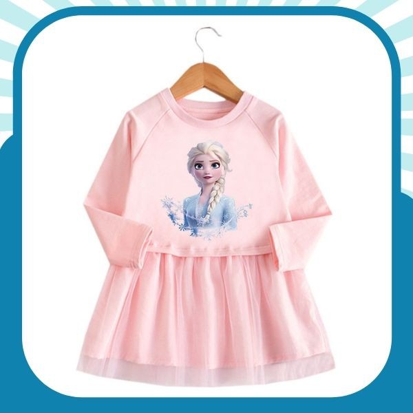 Váy elsa dài tay chất cotton phối chân voan lấp lánh cho bé gái