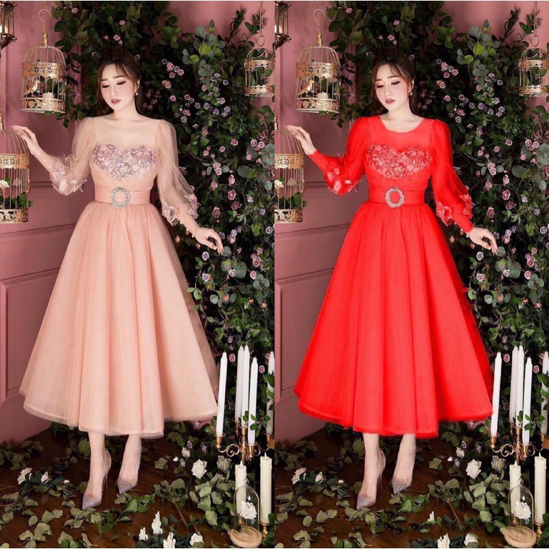 ĐẦM XOÈ TAY PHỒNG KẾT HOA THÊU ( kèm khoen eo đá pha lê)