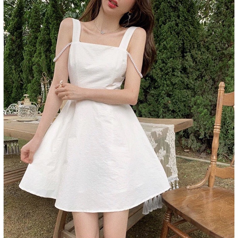 có sẵn /Đầm trắng hai dây thắt nơ eo phối hạt ngọc xoè váy tiệc du lịch prom công chúa tiểu thư