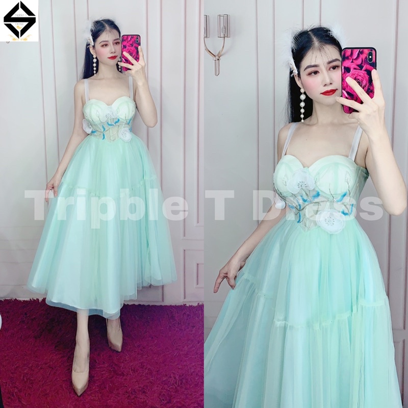 Đầm xoè công chúa 2 dây siêu xinh kết hoa nổi TRIPBLE T DRESS - size M/L - MS395V