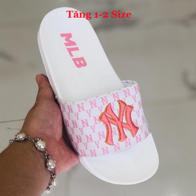 Dép unisex 𝐌𝐋𝐁 𝗡𝗬 ❤️FREESHIP + Hộp❤️ dép mlb ny bóng chày quai ngang thể thao nữ Thêu nỗi NY-NY D.GV-trắng-chữ-hồng