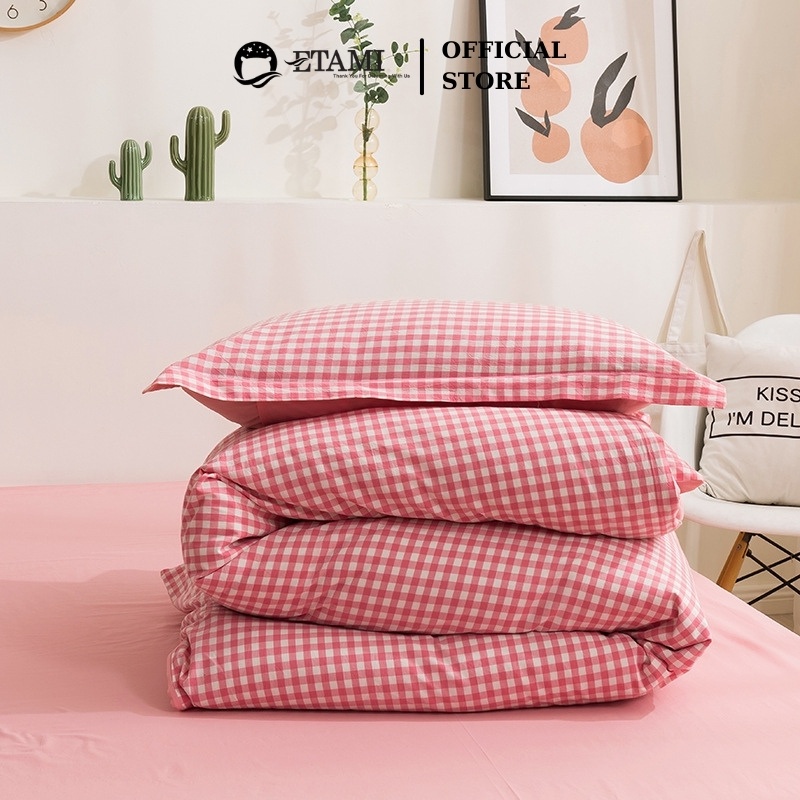 Bộ chăn ga gối ETAMI cotton poly kẻ hồng nhí cute miễn phí bo chun drap giường ga trải giường P11