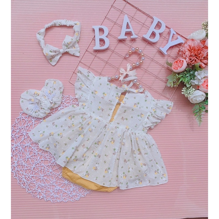 Body cho bé gái sơ sinh Màu vàng phối hoa nhí Size 4 đến 13kg Kèm băng đô nơ và giày vải Nina Kids Boutique