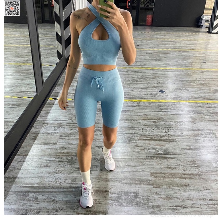 Bộ quần áo tập gym áo chéo ngực quần lửng cao cấp
