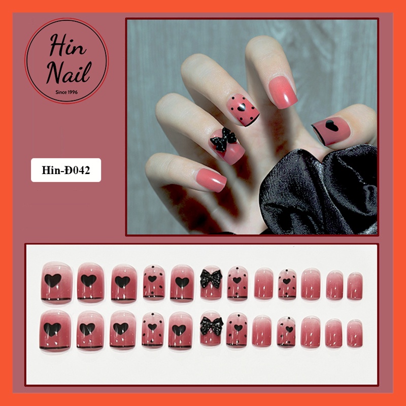 móng tay giả đính nơ đen ngắn Hin Nail form ngắn họa tiết trái tim