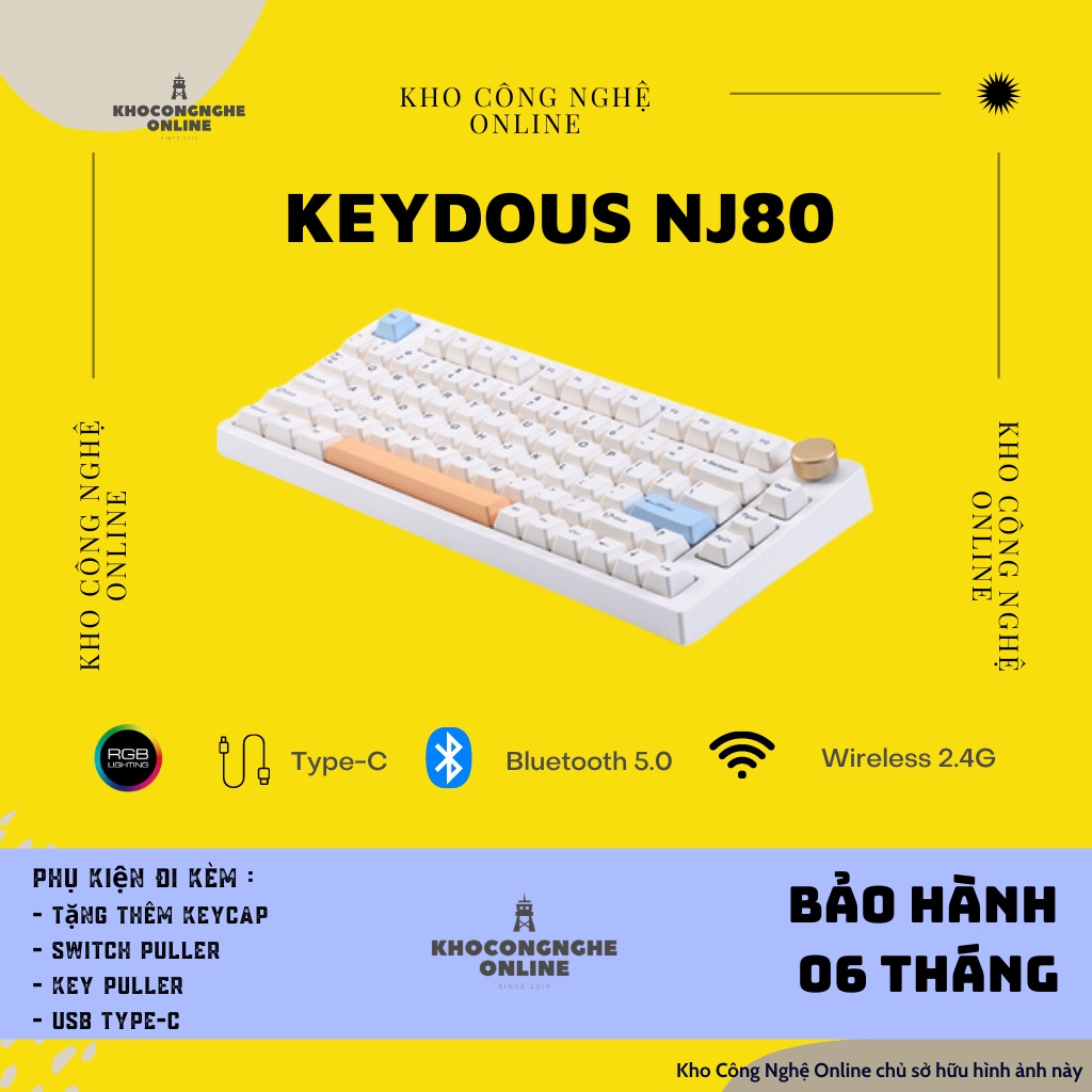 Bàn phím cơ Keydous NJ80 RGB HOTSWAP - Bàn phím cơ không dây NJ80 Bluetooth 5.0 / Wireless 2.4G / Dây type C