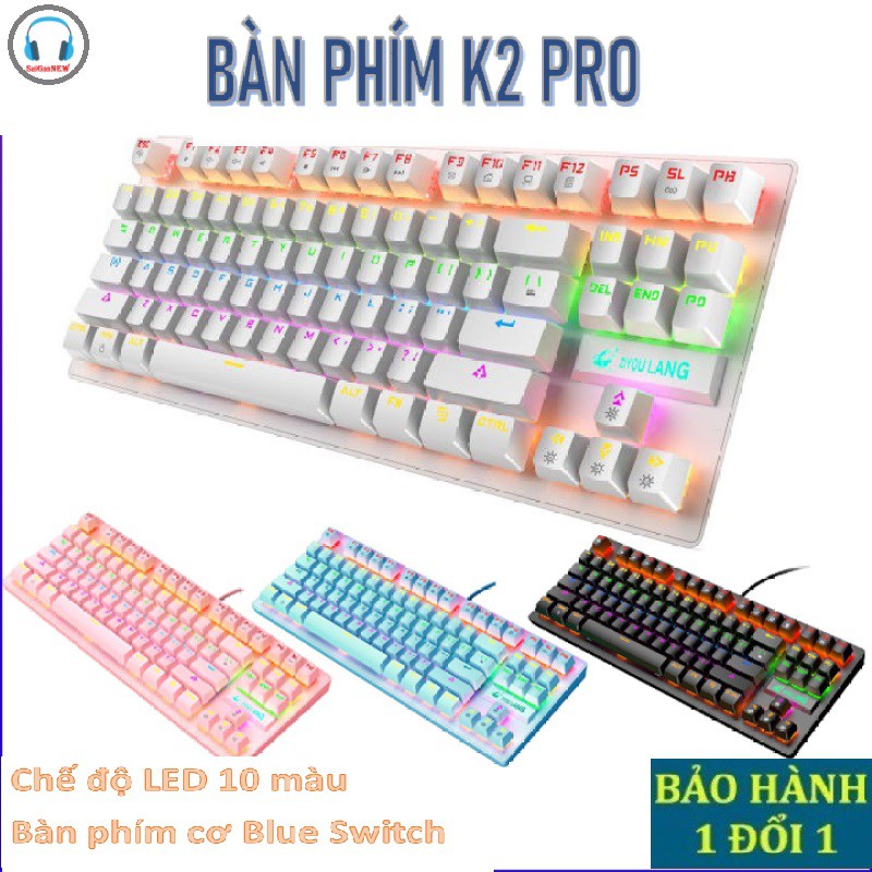 Bàn Phím Cơ Máy Tính K2 Pro Led RGB - Bàn Phím Cơ Blue Switch - Gõ êm Tay Có 10 Chế Độ Màu Cầu Vồng