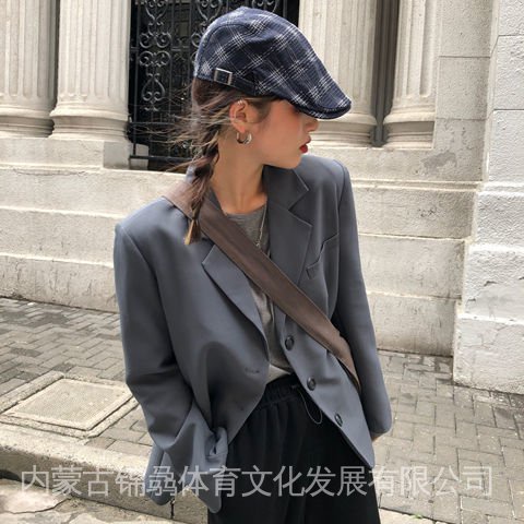 Áo Khoác Vest Dáng Rộng Màu Xám/Đen Phong Cách Hàn Quốc Thời Trang Xuân Thu Cho Nữ