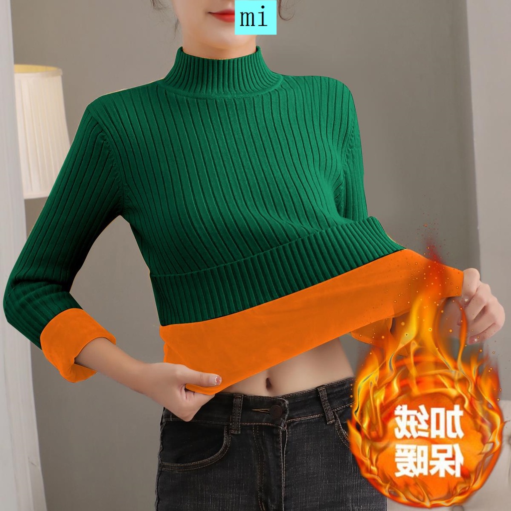 Áo sweater cổ cao lót lông cừu plus size giữ ấm thời trang thu đông cho nữ