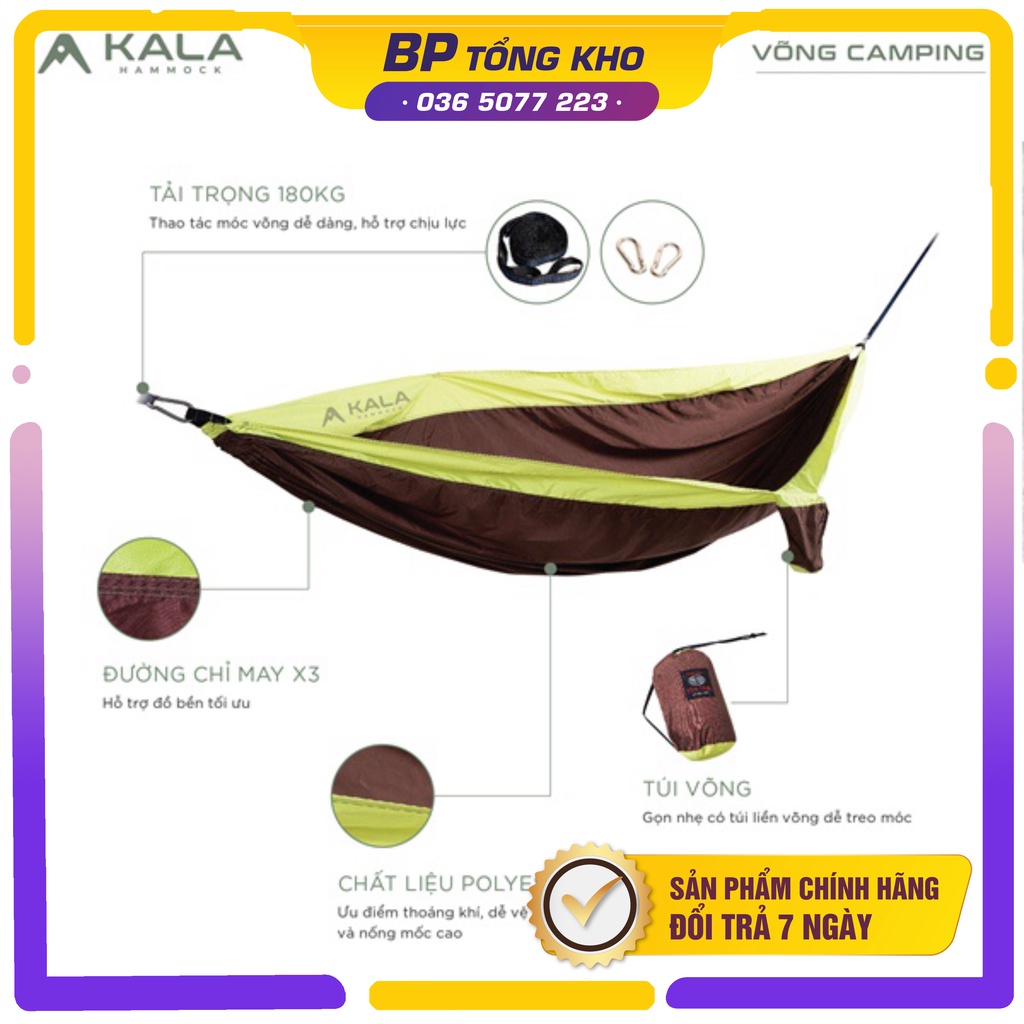 Võng dã ngoại siêu nhẹ KALA Hammock tải trọng 180kg, chống co dãn, nấm mốc cao.