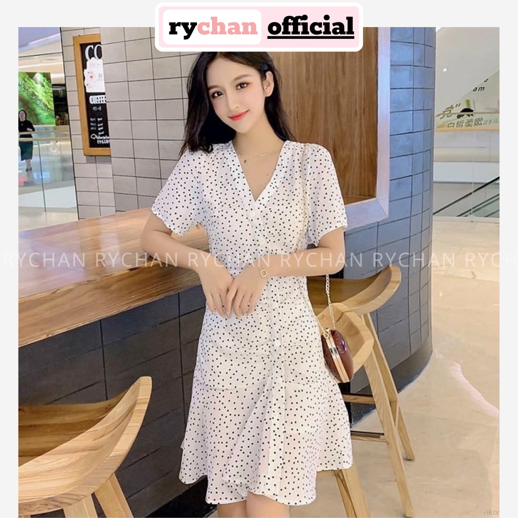 Đầm Xòe Chấm Bi Cổ V Đính Nút Chéo Tà Đuôi Viền Bèo  - DX0058