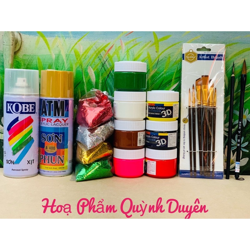 Cọ thư pháp, kim tuyến, màu vẽ trang trí dừa tết