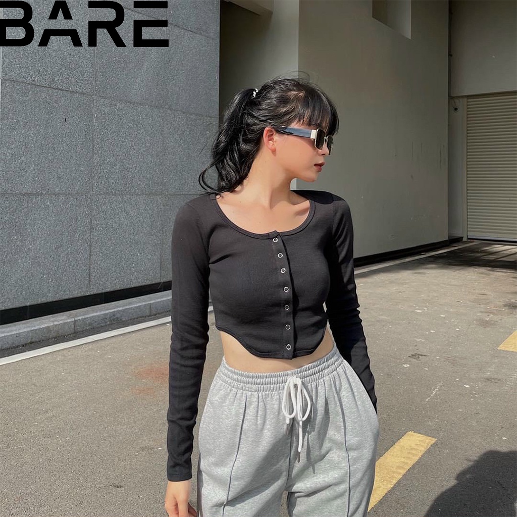 Áo croptop nữ tay dài chất thun gân phối nút bấm vạt chữ U cá tính - AO0150
