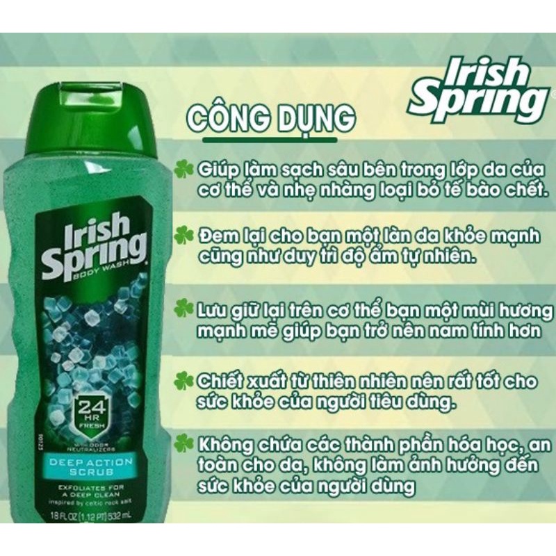 Sữa tắm Irish Spring cho nam loại sạch tế bào chết và khử mùi 532ml Mỹ