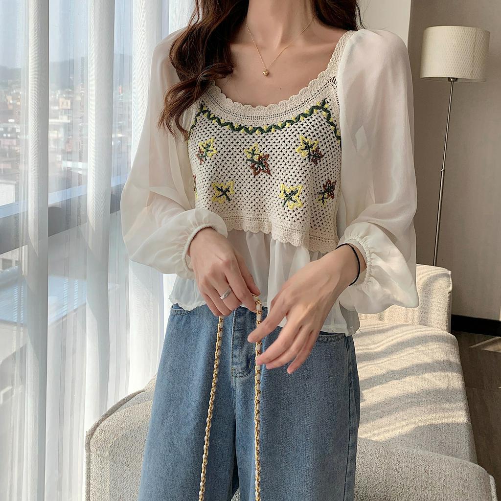 Áo chiffon SUXI tay dài phối màu thời trang cao cấp cho nữ