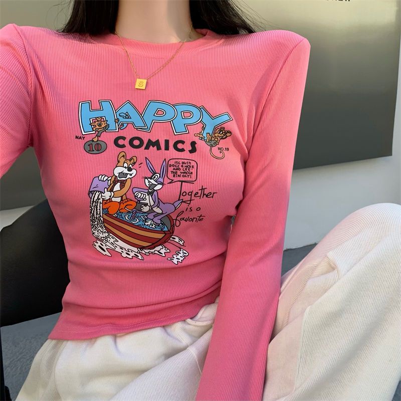 Jiashucheng Áo Thun Ngắn Mỏng Dáng Ôm In Họa Tiết Phong Cách Phương Tây Thời Trang Thu Đông Dễ Phối Đồ Dành Cho Bạn Nữ @ -