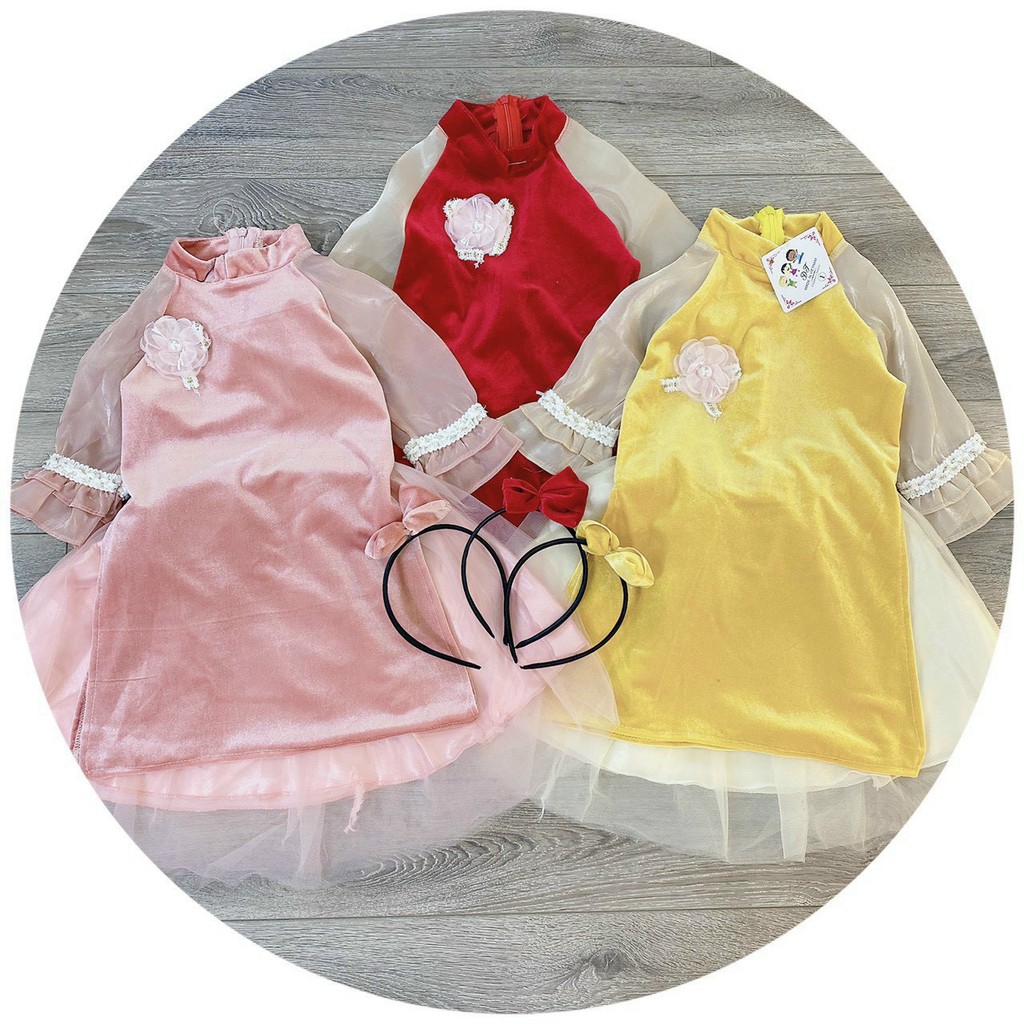 (10-20kg) Set áo dài trẻ em - áo dài nhung tặng kèm bờm nơ xinh cho bé gái QATE843
